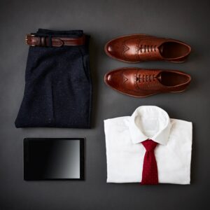 Flat Lay Shot Of Male Business Clothing And Digital Tablet